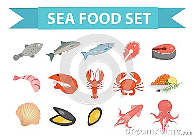 Seafood icons set vector, flat style. Sea food collection isolated on white background. Fish products illustration Vector Illustration