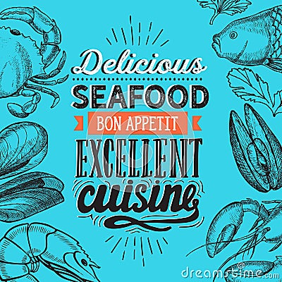 Seafood illustration - fish, crab, lobster, shrimp, mussel for restaurant Vector Illustration
