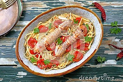 Seafood Italian pasta with mantis shrimp, or sea cicadas Stock Photo