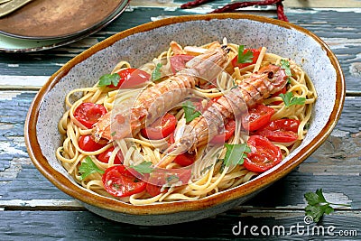 Seafood Italian pasta with mantis shrimp, or sea cicadas Stock Photo