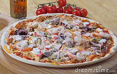 Seafood Italian Pizza on wood dish Stock Photo