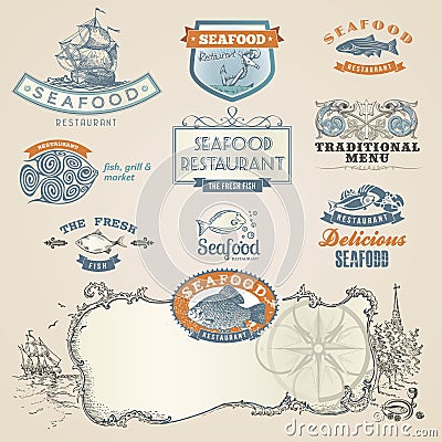 Seafood labels and elements Vector Illustration