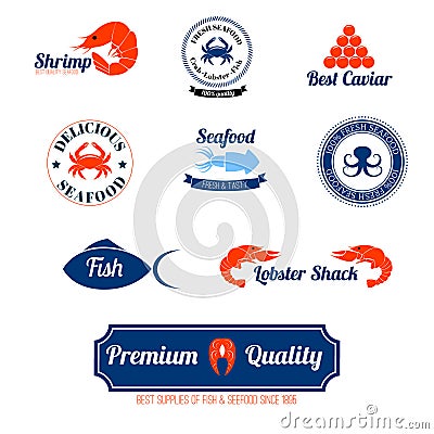 Seafood labels icons set Vector Illustration