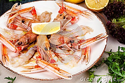 Seafood. Langoustine, scampi or Norway lobster with lemon on white plate Stock Photo