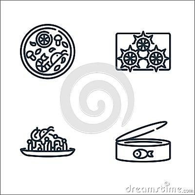 Seafood line icons. linear set. quality vector line set such as canned food, pasta, sea urchin Vector Illustration