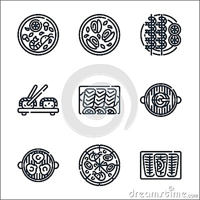 Seafood line icons. linear set. quality vector line set such as fish, pizza, scallop, fish, sashimi, sushi, shrimp, mussel Vector Illustration