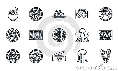 seafood line icons. linear set. quality vector line set such as lobster, canned food, shrimp, jellyfish, tom yum goong, shrimp, Vector Illustration