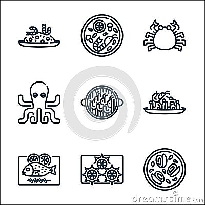 seafood line icons. linear set. quality vector line set such as mussel, sea urchin, fish, pasta, shrimp, octopus, crab, tom yum Vector Illustration