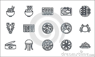 seafood line icons. linear set. quality vector line set such as seaweed, pizza, canned food, oyster, jellyfish, lobster, crab, Vector Illustration