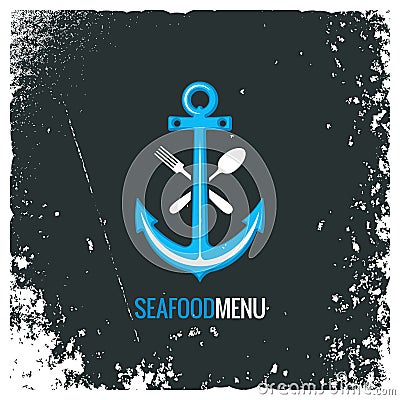 Seafood logo with anchor, fork and spoon Vector Illustration