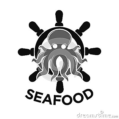 Seafood logo with helm and octopus isolated on white Vector Illustration