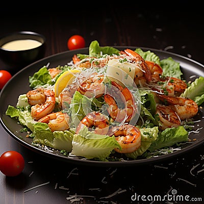 A seafood lovers dream Caesar salad crowned with grilled shrimp Stock Photo