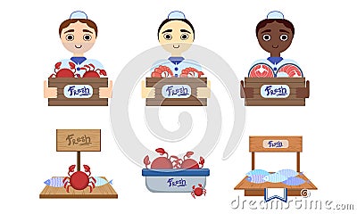 Seafood Market Design Elements Set, Sellers Holding Wooden Crates with Freshness Fish Vector Illustration Vector Illustration