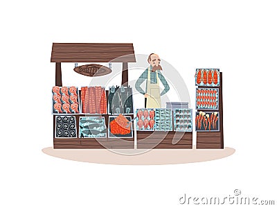 Seafood Market with Freshness Fish on Counter, Street Shop with Male Seller Vector Illustration Vector Illustration