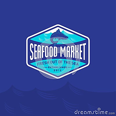 Seafood market or restaurant logo. Blue salmon fish silhouette and blue sea wave. Vector Illustration