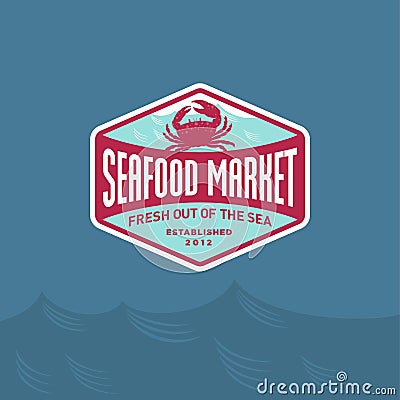 Seafood market or restaurant logo. Red Crab silhouette and blue sea wave. Vector Illustration