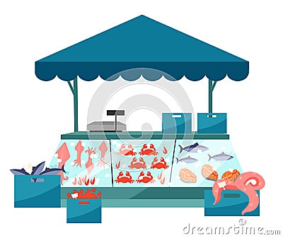 Seafood market stall flat illustration. Fresh sea food in ice trade tent, fish counter. Fair, summer market stand. Local Vector Illustration
