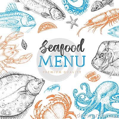 Seafood menu cover design with different kinds of fish. Vector Illustration