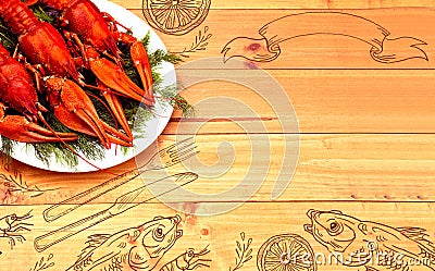 Seafood menu design, centre spread. Hand drawn illustration, lemon, shrimps, fork and knife, dried fish, glass of beer. Stock Photo