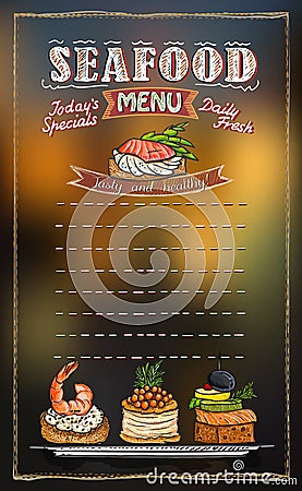 Seafood menu list with copy space for text, assorted fish canapes Vector Illustration