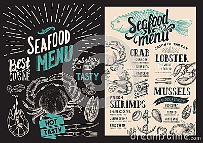 Seafood menu for restaurant. Vector food flyer for bar and cafe. Vector Illustration