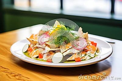 seafood nachos with crabmeat and fresh dill Stock Photo