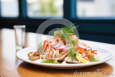 seafood nachos with crabmeat and fresh dill Stock Photo