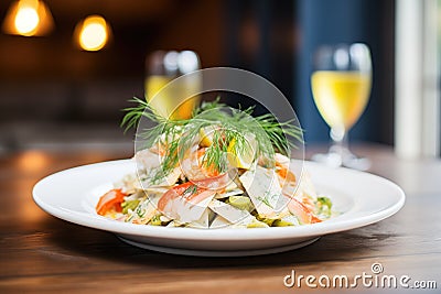 seafood nachos with crabmeat and fresh dill Stock Photo