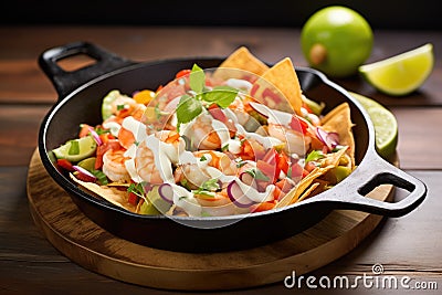 seafood nachos with shrimp and lime wedges Stock Photo