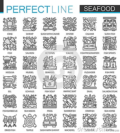 Seafood outline mini concept symbols. East restaurant sea food modern stroke linear style illustrations set. Perfect Vector Illustration