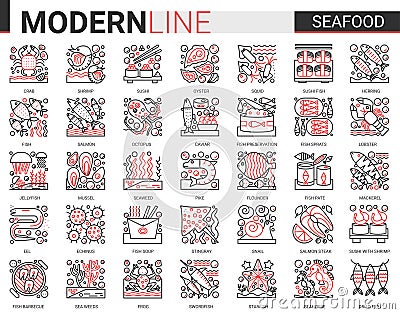 Seafood outline mini concept symbols. Red black thin line infographic design east restaurant sea food modern thin line Vector Illustration