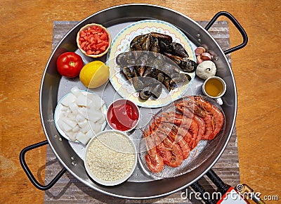 Seafood paella ingredients from Spain Stock Photo