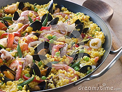 Seafood Paella in a Pan Stock Photo