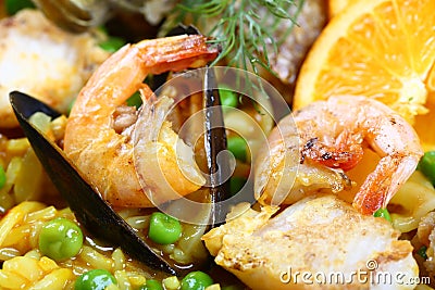 Seafood paella scampi mussels Stock Photo