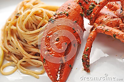 Seafood pasta linguine with fresh lobster Stock Photo