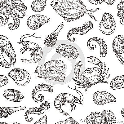 Seafood pattern. Hand drawn ink sea life. Sketch japanese food, engraving vintage ocean ingredients. Salmon fish squid Vector Illustration