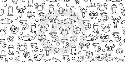 Seafood pattern, line sea shrimp, cute lobster, crab and mackerel icons, oysters and fish, squid in water. Underwater Stock Photo
