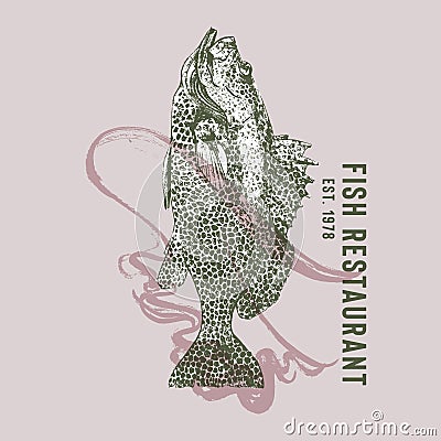 Seafood restaurant logotype with dancing fish Vector Illustration