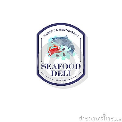 Seafood restaurant and market logo. Red crab, shells, salmon fish watercolor illustration. Vector Illustration