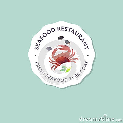 Seafood restaurant and market logo. Red crab, shells watercolor illustration. Vector Illustration