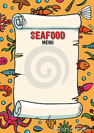 Seafood restaurant menu in cartoon style. Restaurant menu lobster, shrimps snails, sea cabbage and anchor. Hand-drawn Vector Illustration