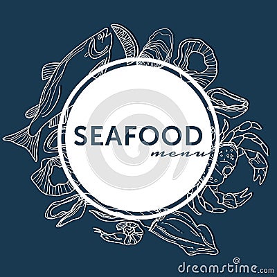 Seafood Restaurant Menu Cover Hand Drawn Lines on Blue Vector Illustration