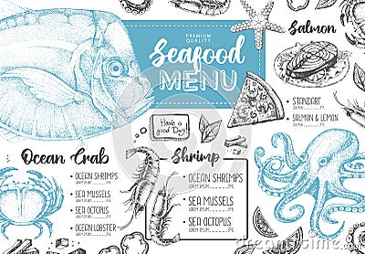 Seafood restaurant menu design with hand drawing fish. Vector Illustration