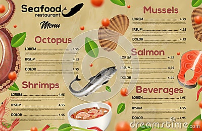 Seafood Restaurant Menu, Mediterranean Cuisine Stock Photo