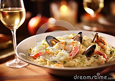 Seafood risotto rice meal with white wine glasses on restaurant table.Macro.AI Generative Stock Photo