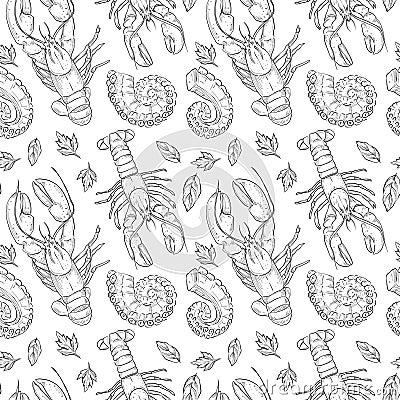 Seafood seamless pattern, hand drawn sketch Vector Illustration