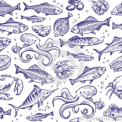 Seafood seamless pattern. Sketch fish hand drawn sea ocean marine tuna dorado sturgeon salmon menu natural texture Vector Illustration