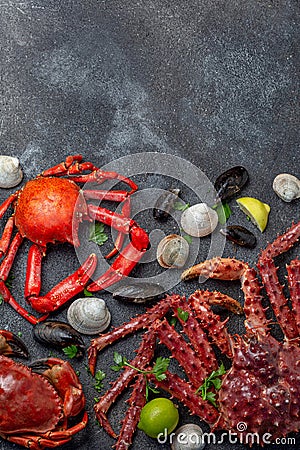 Seafood selections three tipes of crabs and seashels mussels and clams. Stock Photo