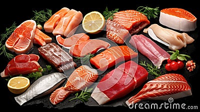 Seafood, Set of Food collage, various fresh fillet fish, white fish pangasius, salmon red fish, trout fish steak with ice and Stock Photo