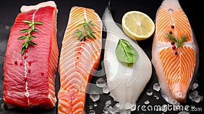 Seafood, Set of Food collage, various fresh fillet fish, white fish pangasius, salmon red fish, trout fish steak with ice and Stock Photo